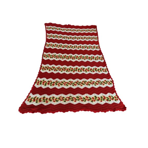 Handmade Crochet Chevron Pattern Blanket Throw Red/Green/White 47"x80" Grandma - Picture 1 of 9